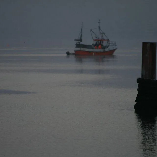 Fiskebåt ligger stille på tåkelagt hav med påle i forgrunnen.