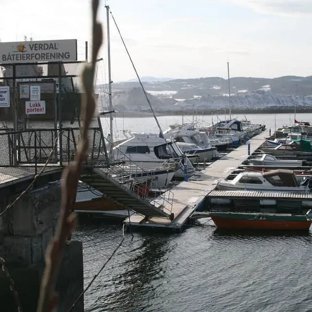 Flytebrygger med flere båter i småbåthavn sett fra land.