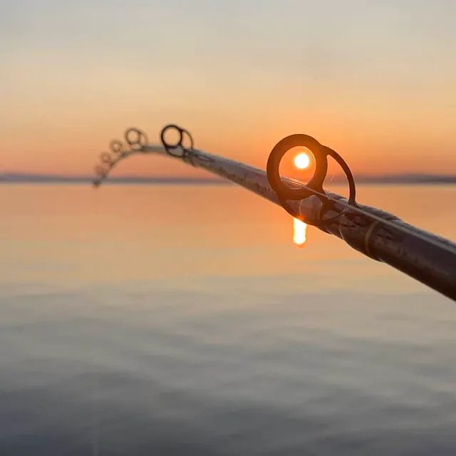 Nærbilde av fiskestang mot solnedgang over stille hav.