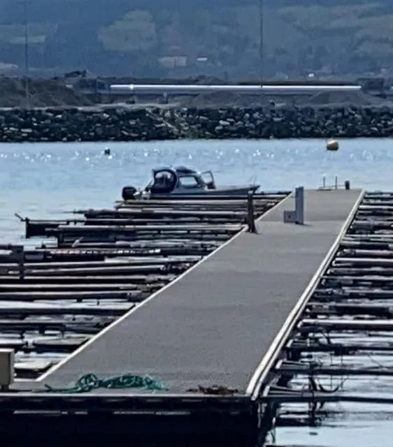 Flytebrygge med tomme båtplasser og liten båt fortøyd ytterst.